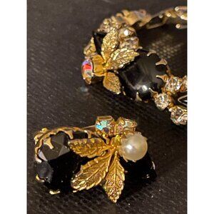 Vintage Juliana D&E Gold Tone Bracelet & Earrings Set Black Glass Stones Faux Pe